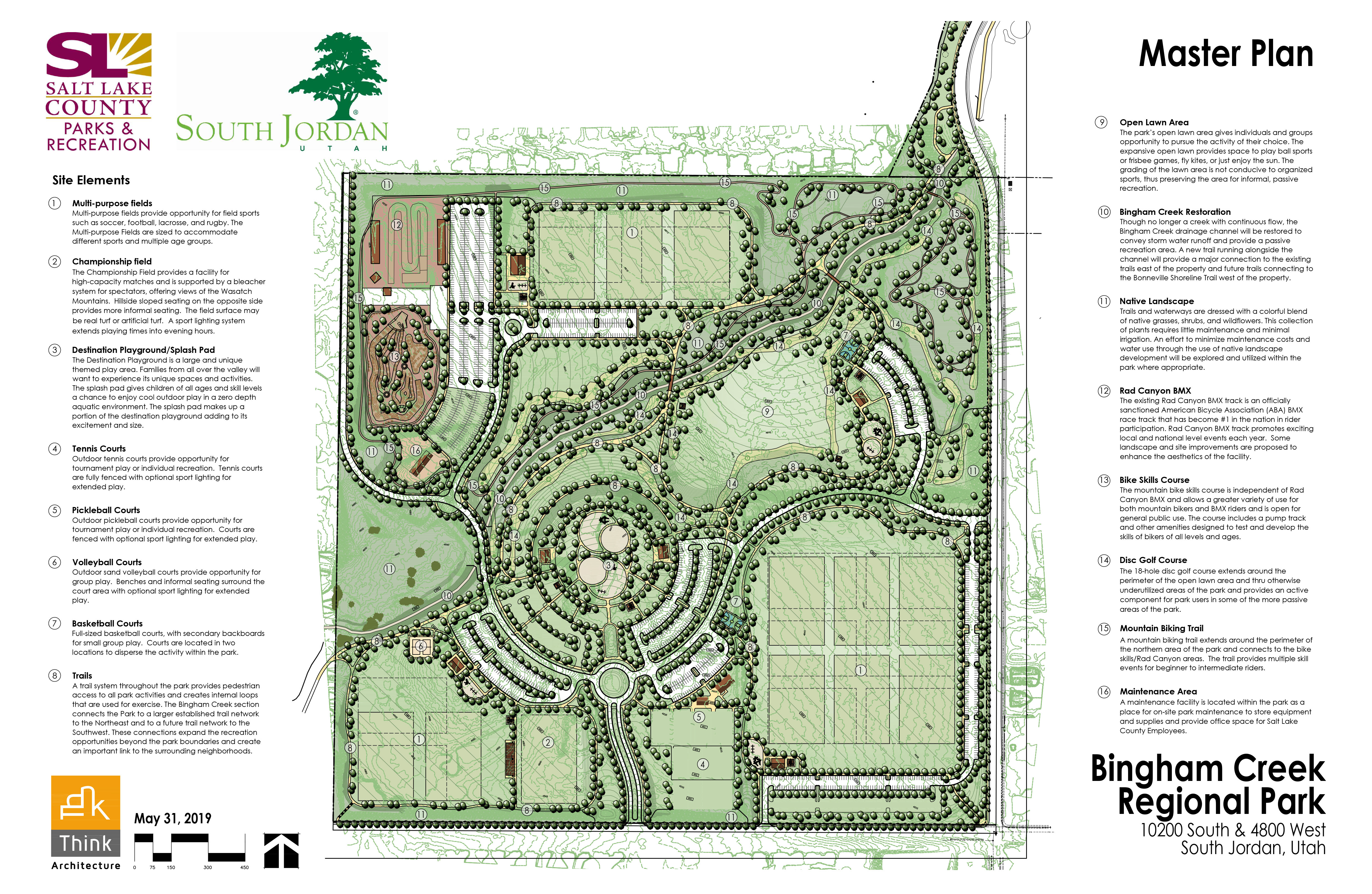 Master plan of Bingham Creek Regional Park with proposed amenities and park features.