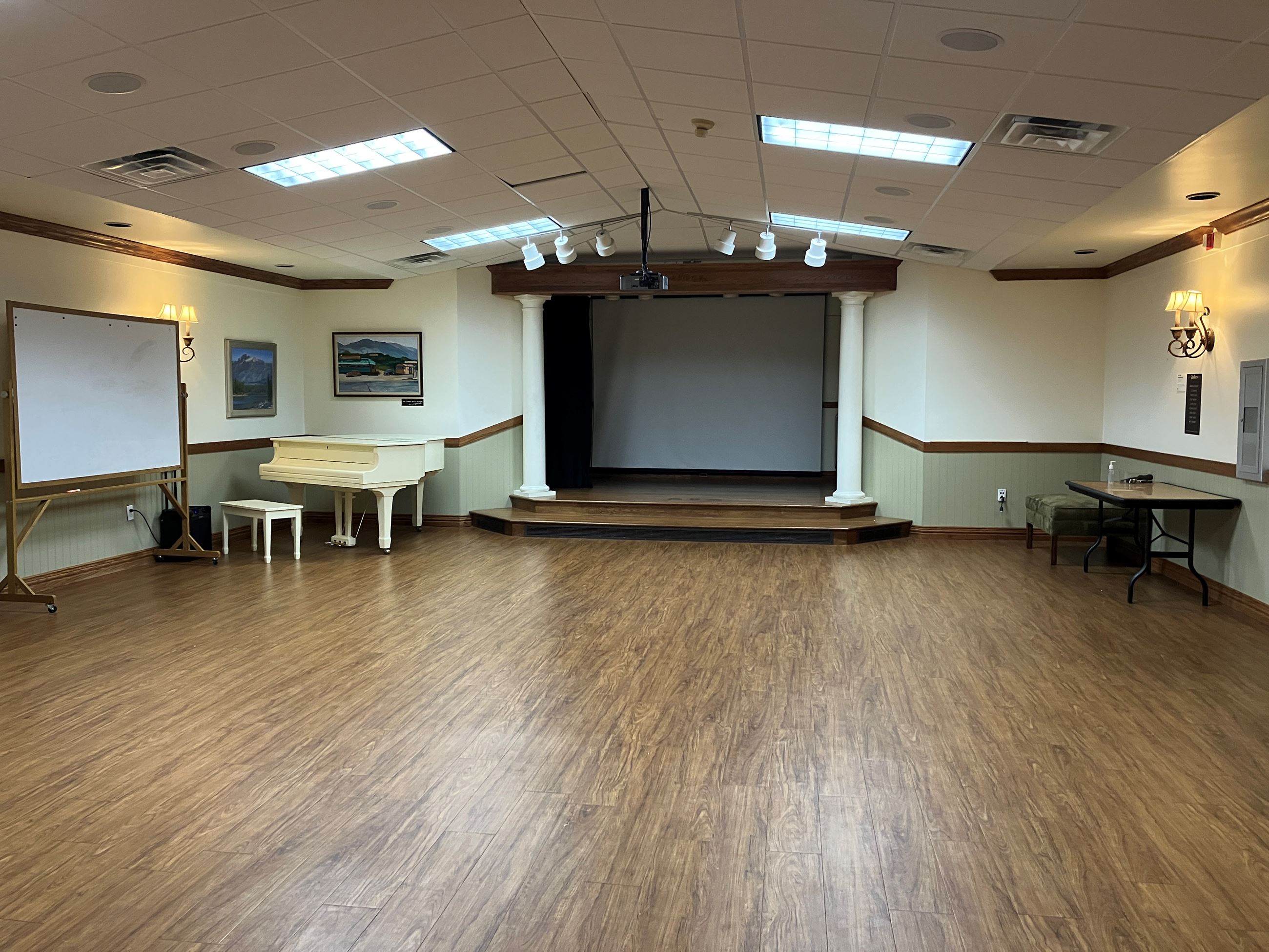 Auditorium with wooden laminate flooring, a stage with stage lights, and a white grand piano.